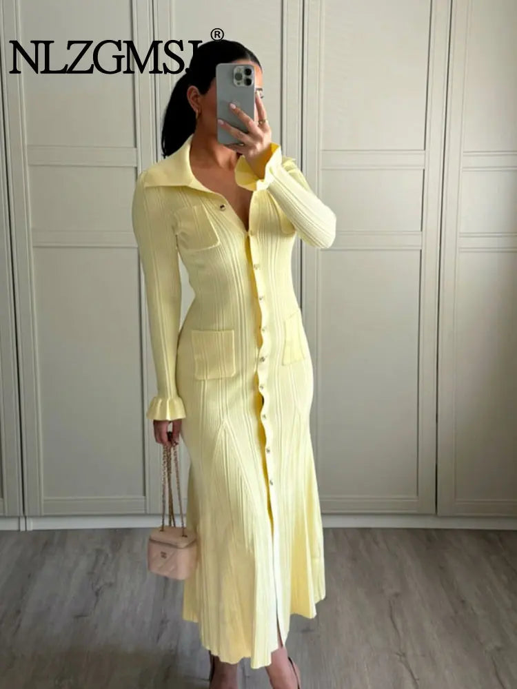 TRAF Autumn Elegant Single Breast Knitted Long Dress – Modern Fit Fashion