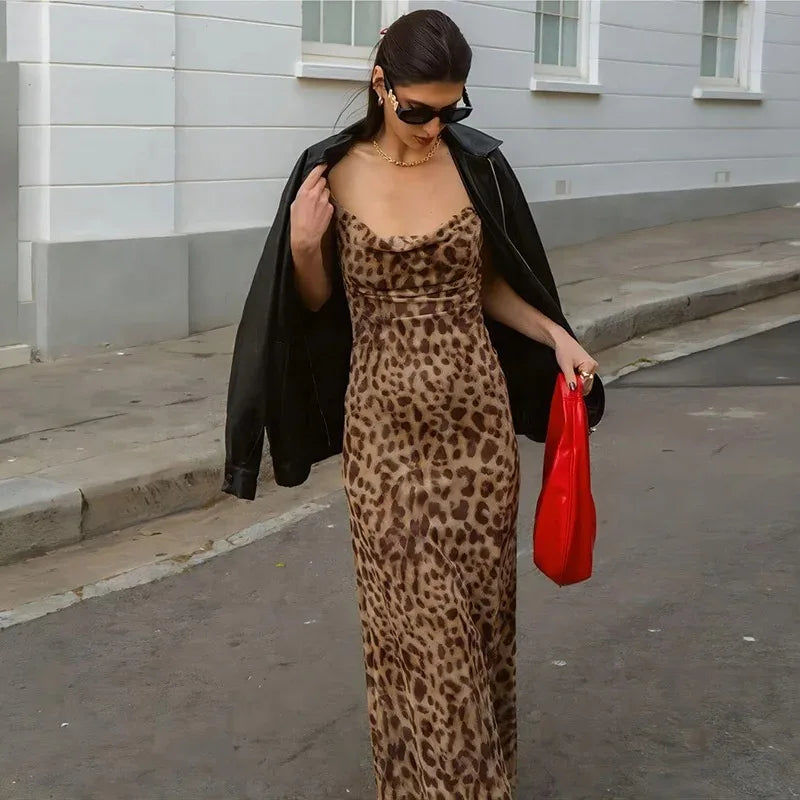 Spring & Summer Sexy Leopard Print V-Neck Backless Long Strap Dress