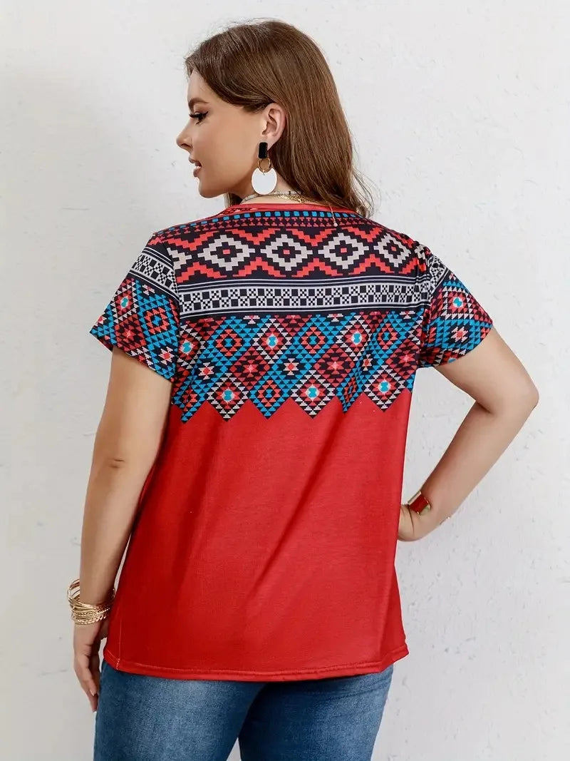 Southwestern Print Plus Size Round Neck Short Sleeve T-shirt Tops