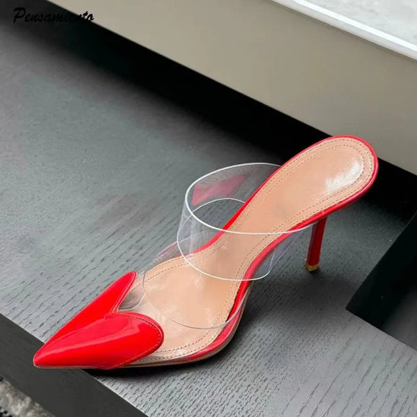 Elegant Pointed Toe Transparent PVC Heart High Heels Mules