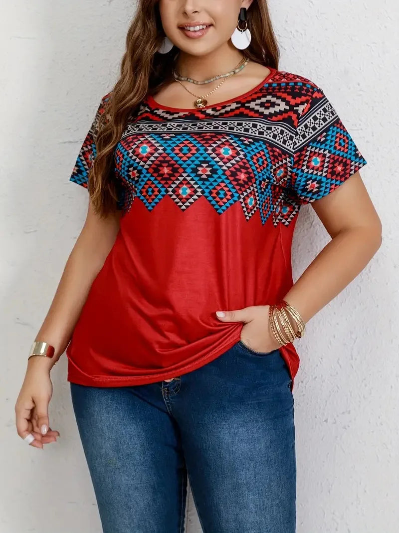 Southwestern Print Plus Size Round Neck Short Sleeve T-shirt Tops