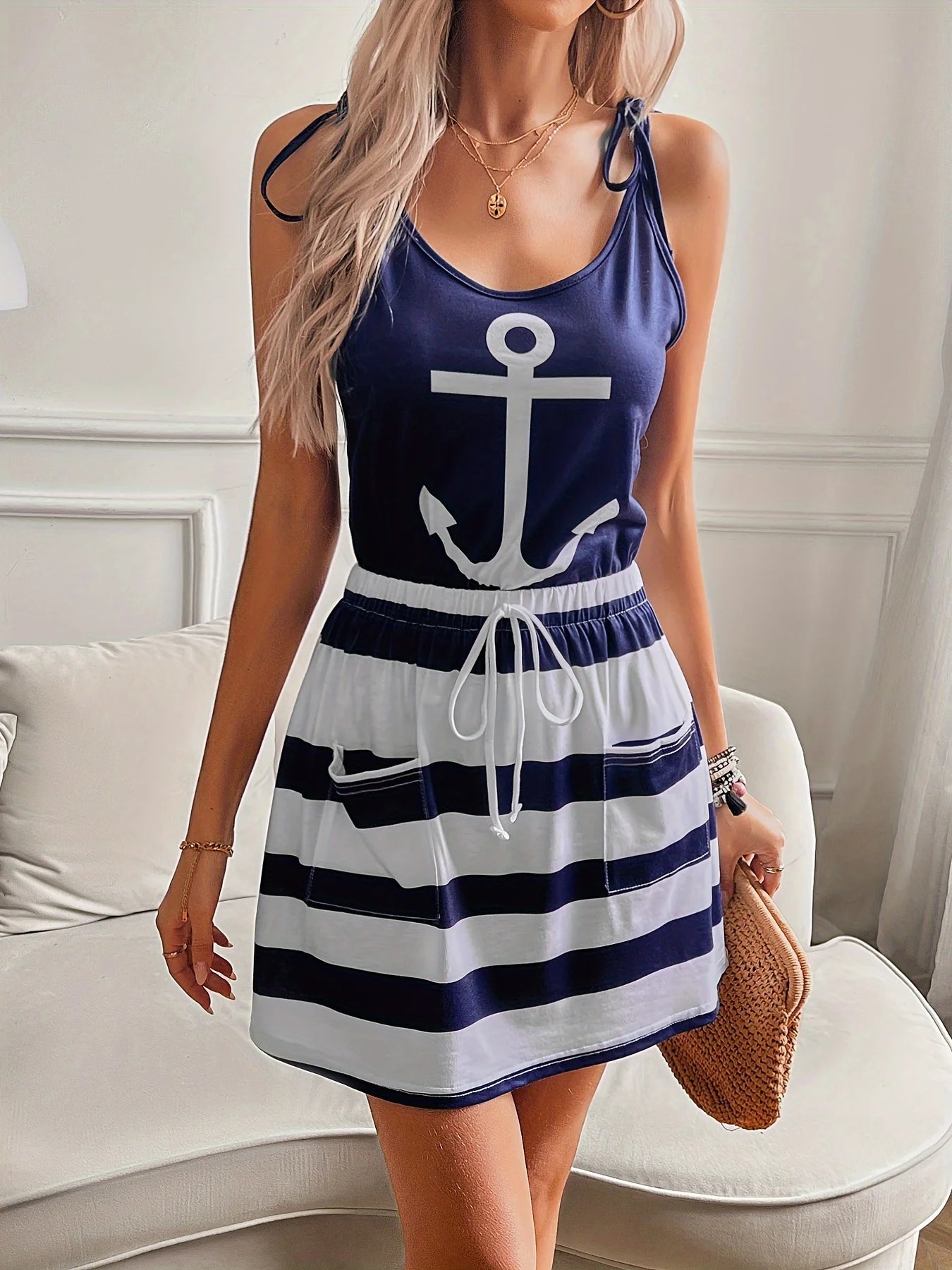 Anchor Print Striped Bodycon Spaghetti Dress