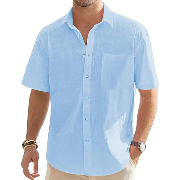 Men's Solid Color Cotton Linen Short Sleeve Shirt
