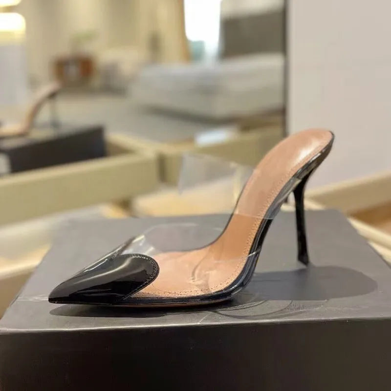 Elegant Pointed Toe Transparent PVC Heart High Heels Mules