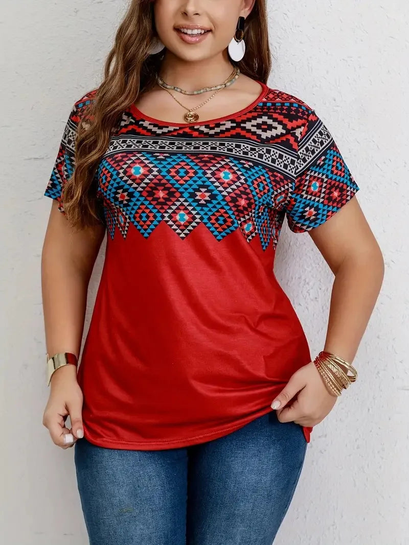 Southwestern Print Plus Size Round Neck Short Sleeve T-shirt Tops