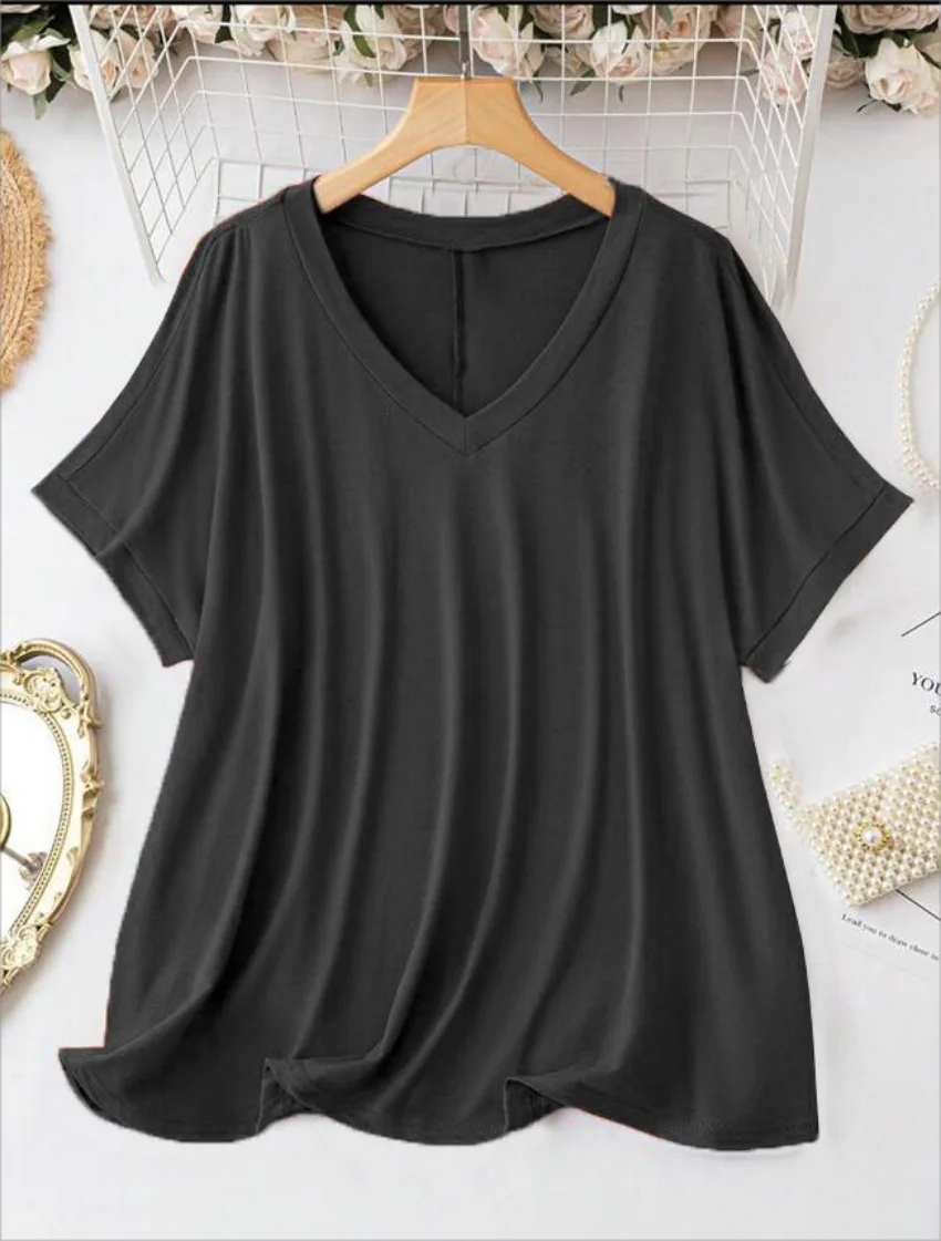 Plus Size European and American Women's Casual V-neck Solid Color T-shirt