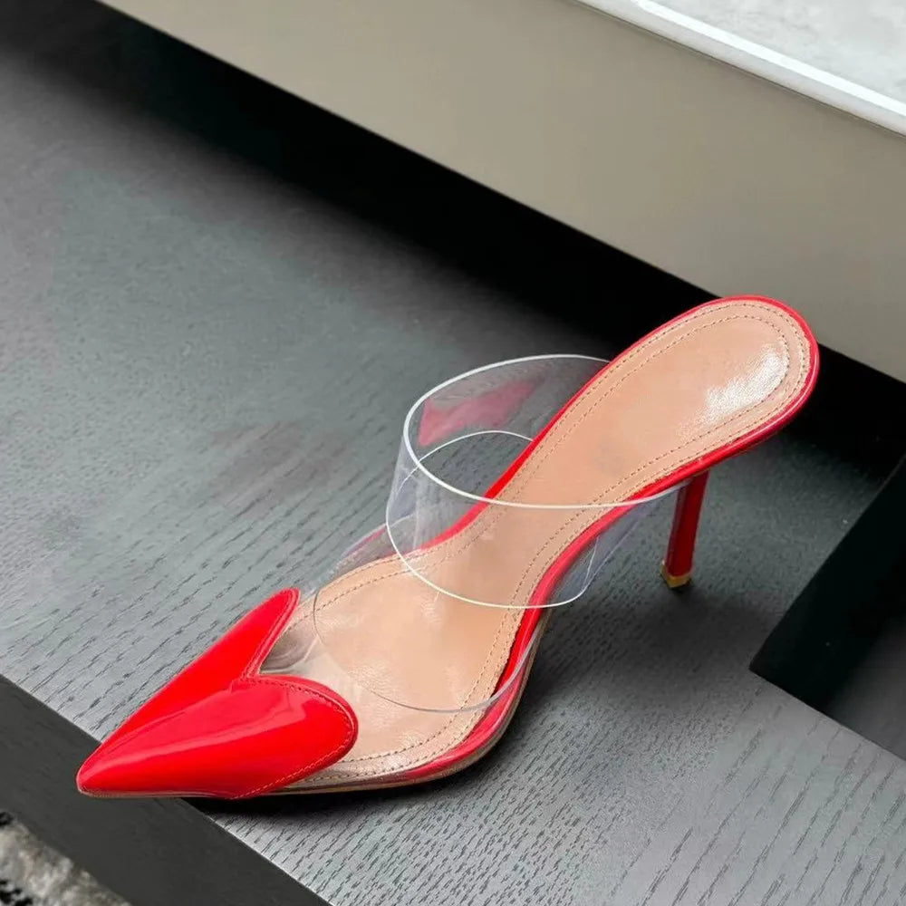Elegant Pointed Toe Transparent PVC Heart High Heels Mules