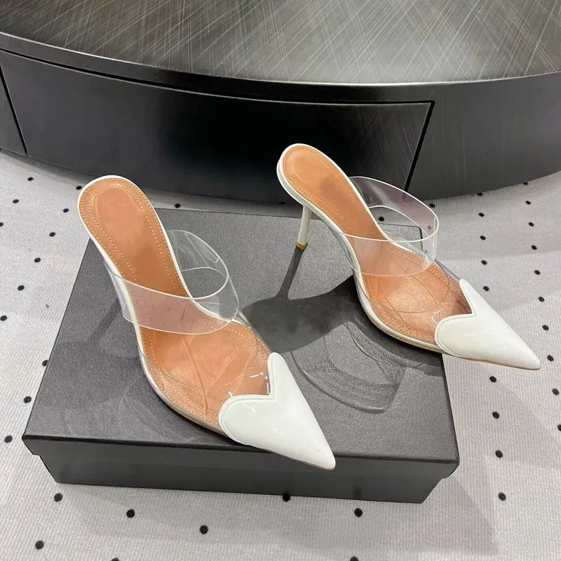 Elegant Pointed Toe Transparent PVC Heart High Heels Mules