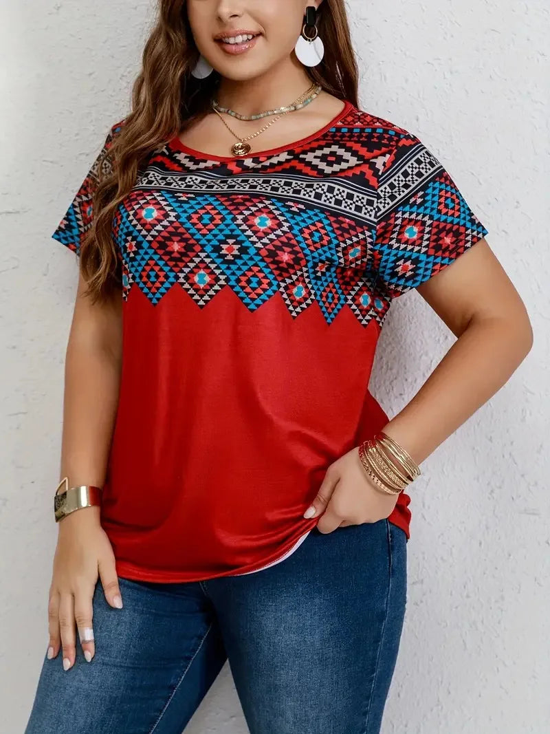 Southwestern Print Plus Size Round Neck Short Sleeve T-shirt Tops