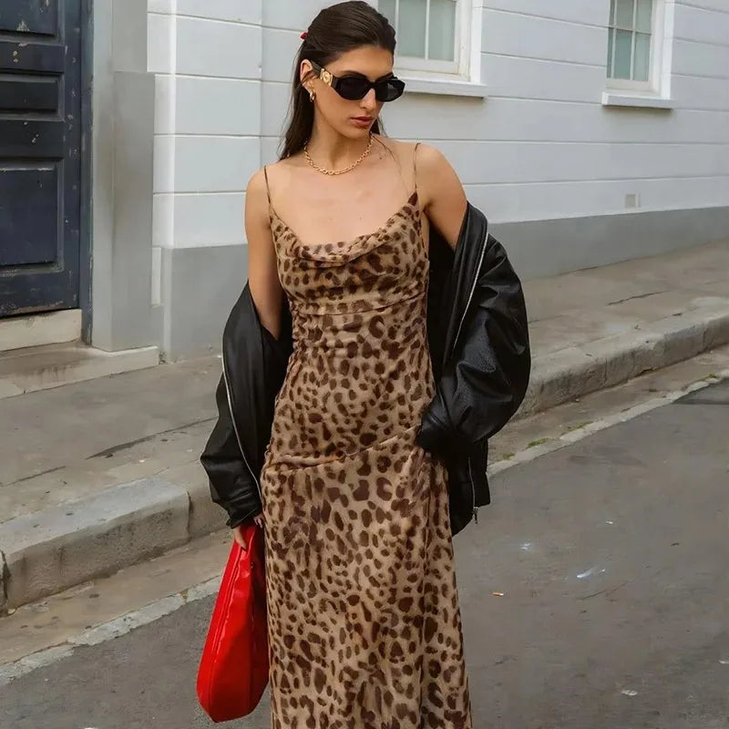 Spring & Summer Sexy Leopard Print V-Neck Backless Long Strap Dress