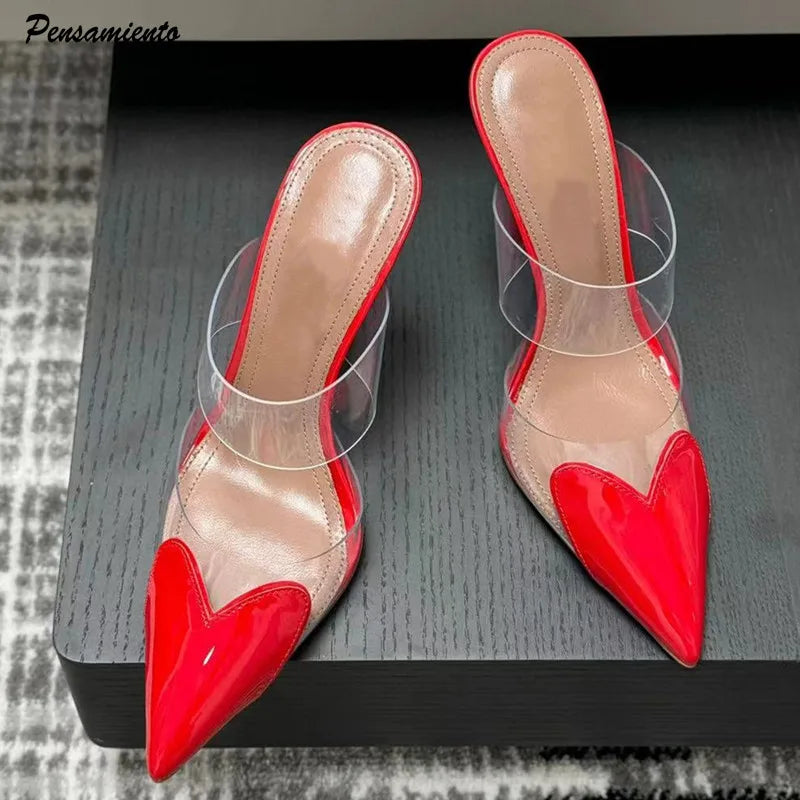 Elegant Pointed Toe Transparent PVC Heart High Heels Mules