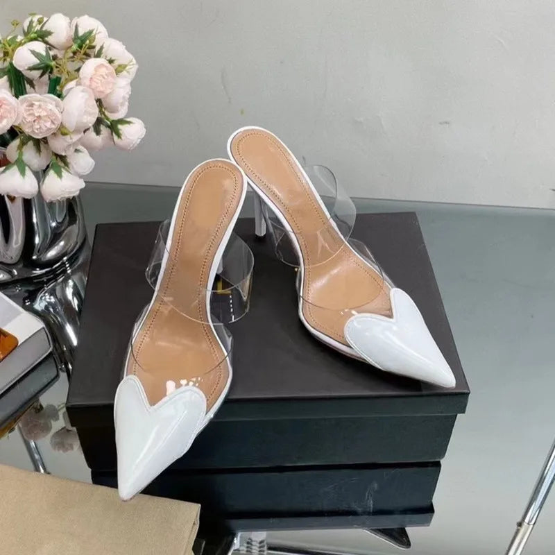 Elegant Pointed Toe Transparent PVC Heart High Heels Mules