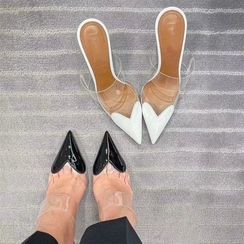 Elegant Pointed Toe Transparent PVC Heart High Heels Mules
