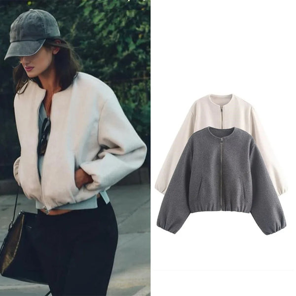 Women’s Retro Round-Neck Bomber Jacket