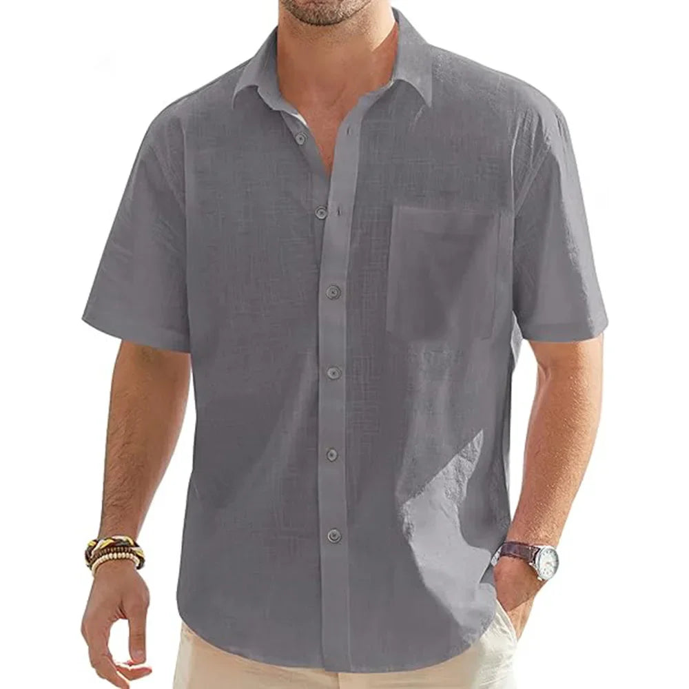 Men's Solid Color Cotton Linen Short Sleeve Shirt