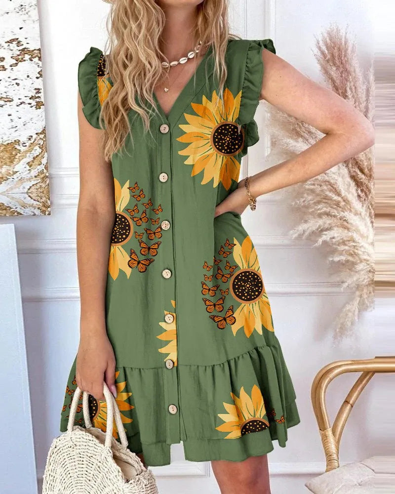 Casual Loose Ruffles Print Shirt Dress