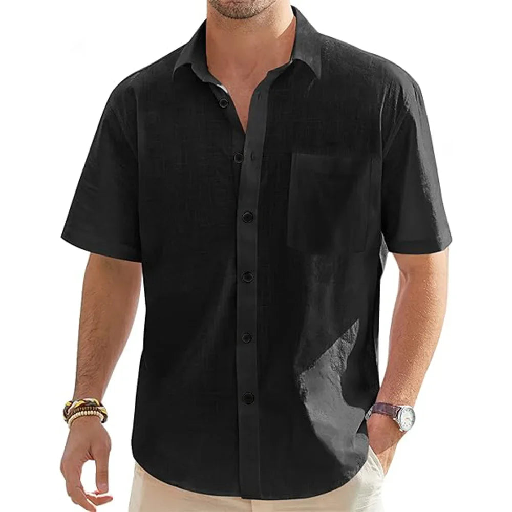 Men's Solid Color Cotton Linen Short Sleeve Shirt