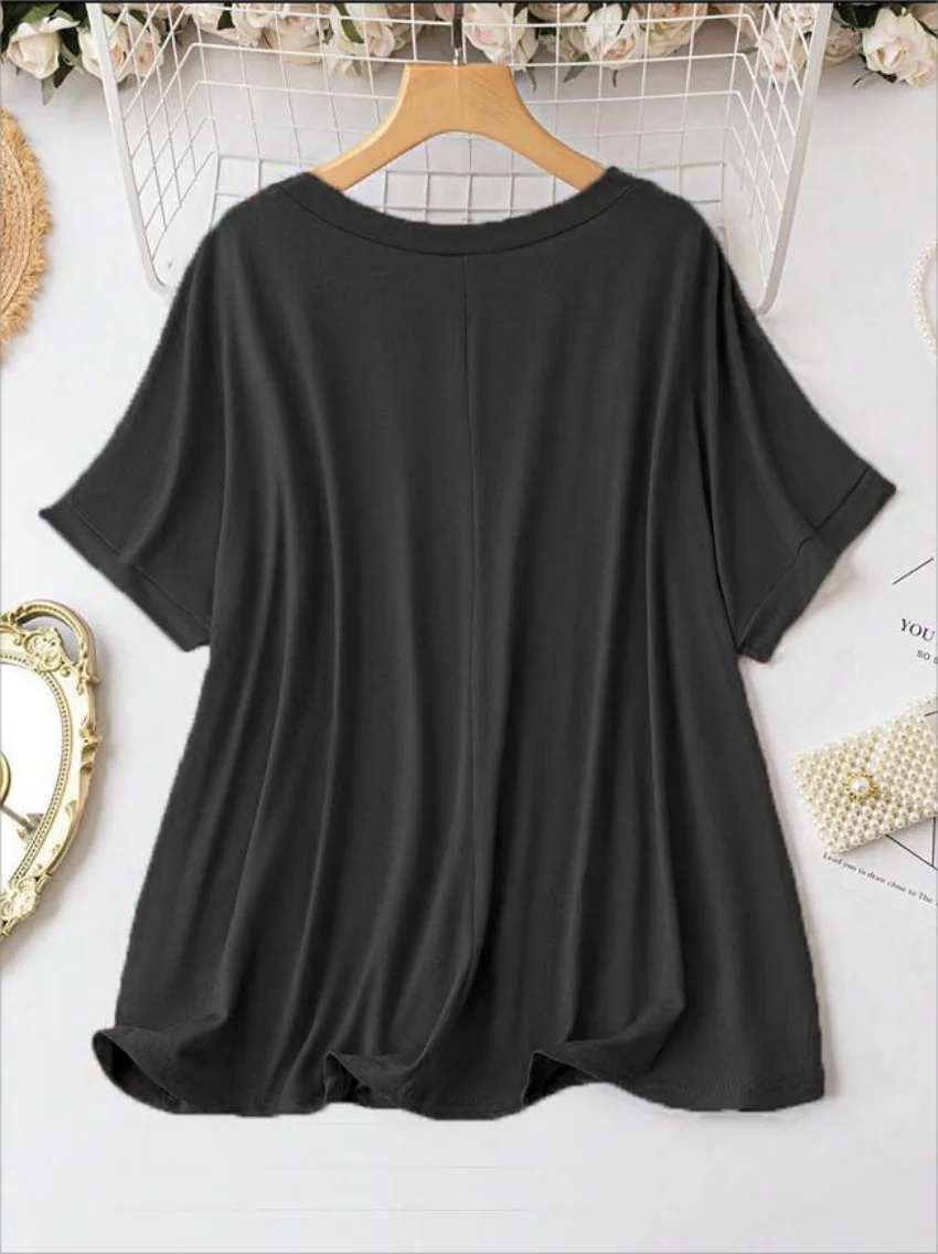 Plus Size European and American Women's Casual V-neck Solid Color T-shirt