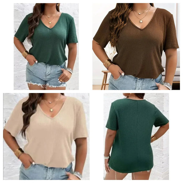 casual solid color short-sleeved tops V-neck knitwear