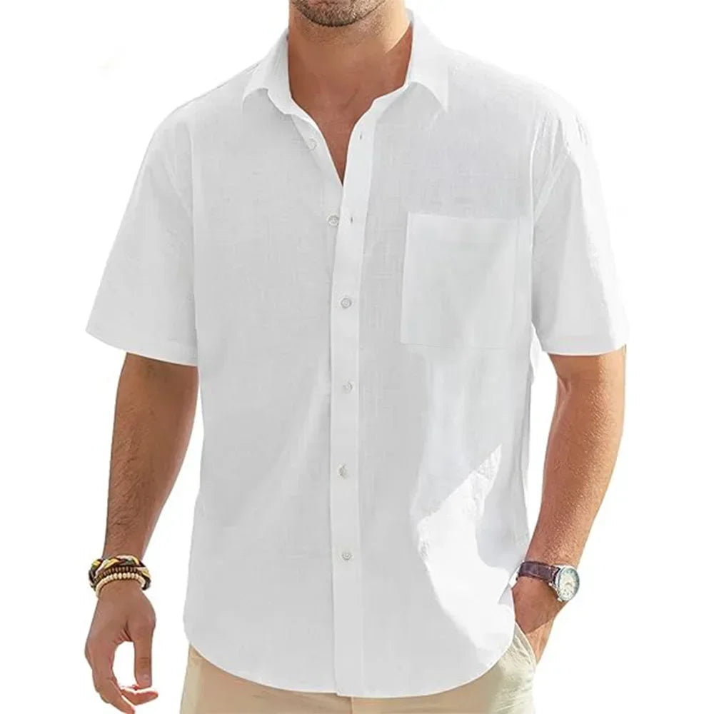 Men's Solid Color Cotton Linen Short Sleeve Shirt