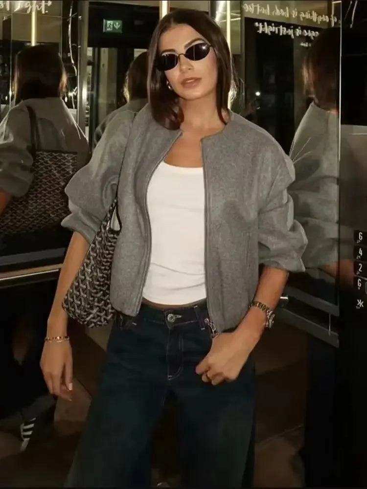 Women’s Retro Round-Neck Bomber Jacket