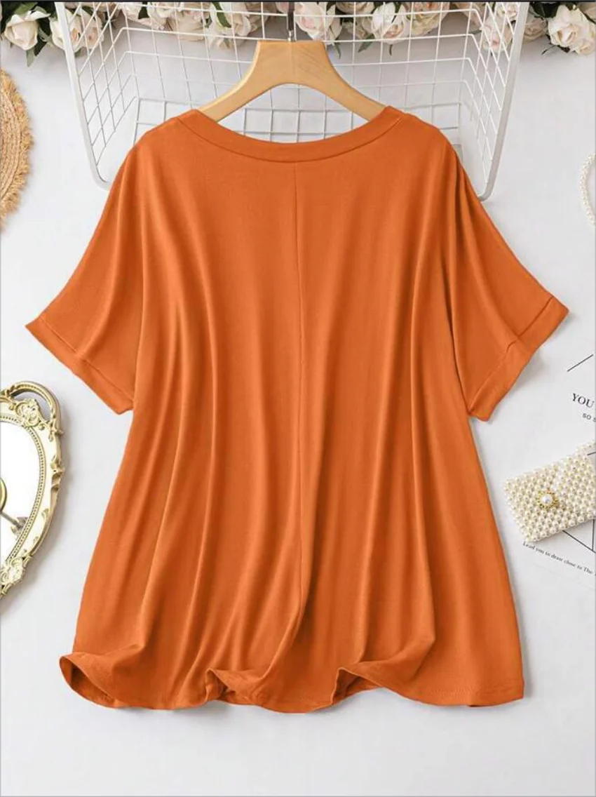 Plus Size European and American Women's Casual V-neck Solid Color T-shirt