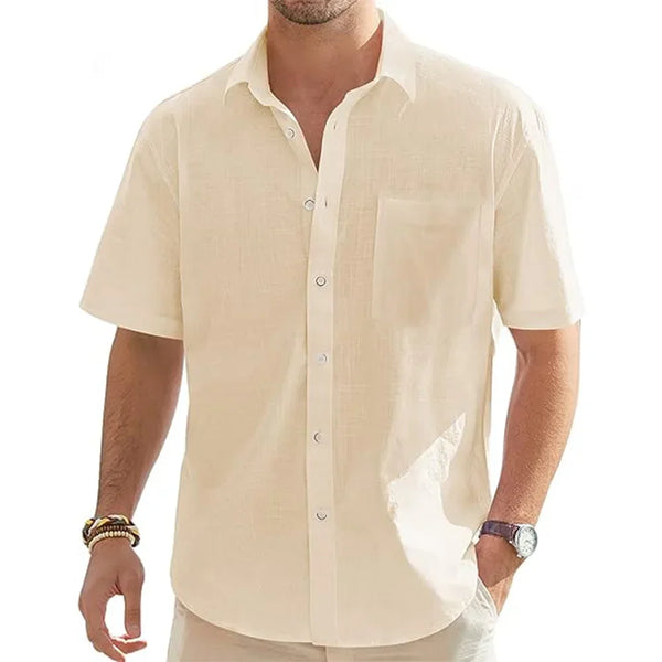 Men's Solid Color Cotton Linen Short Sleeve Shirt