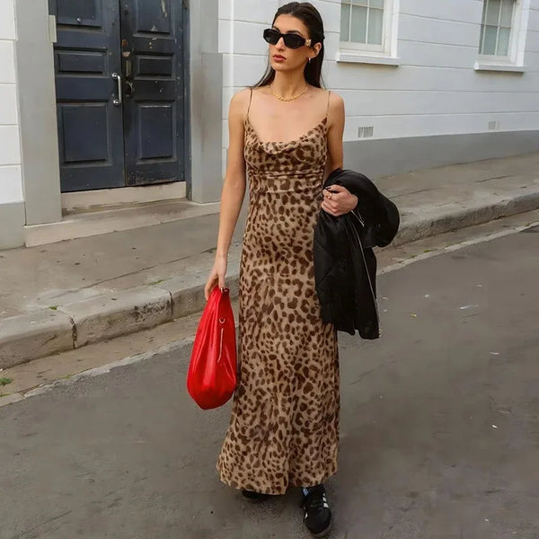Spring & Summer Sexy Leopard Print V-Neck Backless Long Strap Dress