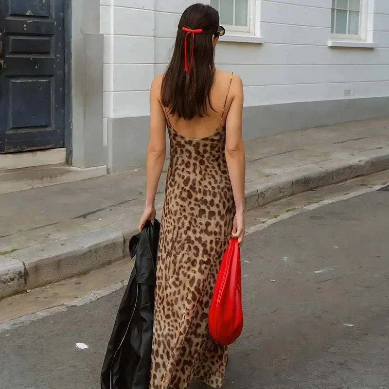 Spring & Summer Sexy Leopard Print V-Neck Backless Long Strap Dress