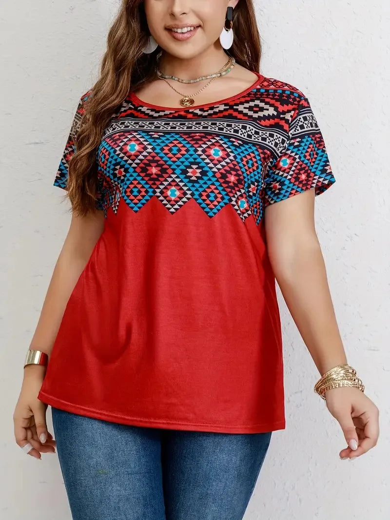 Southwestern Print Plus Size Round Neck Short Sleeve T-shirt Tops