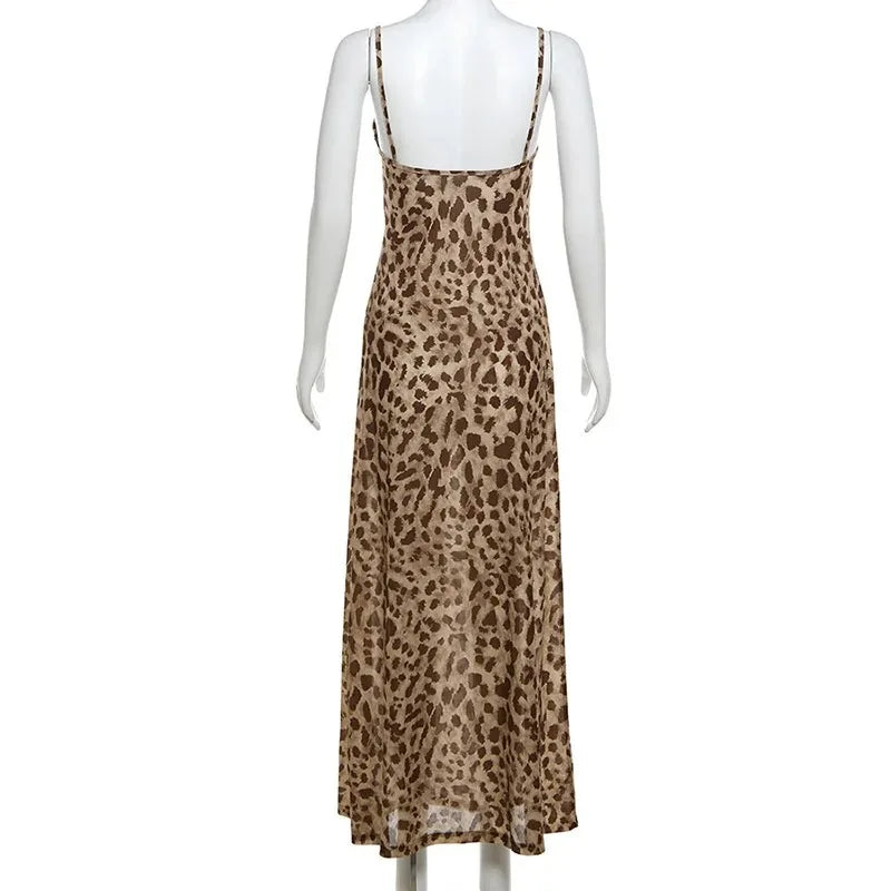 Spring & Summer Sexy Leopard Print V-Neck Backless Long Strap Dress